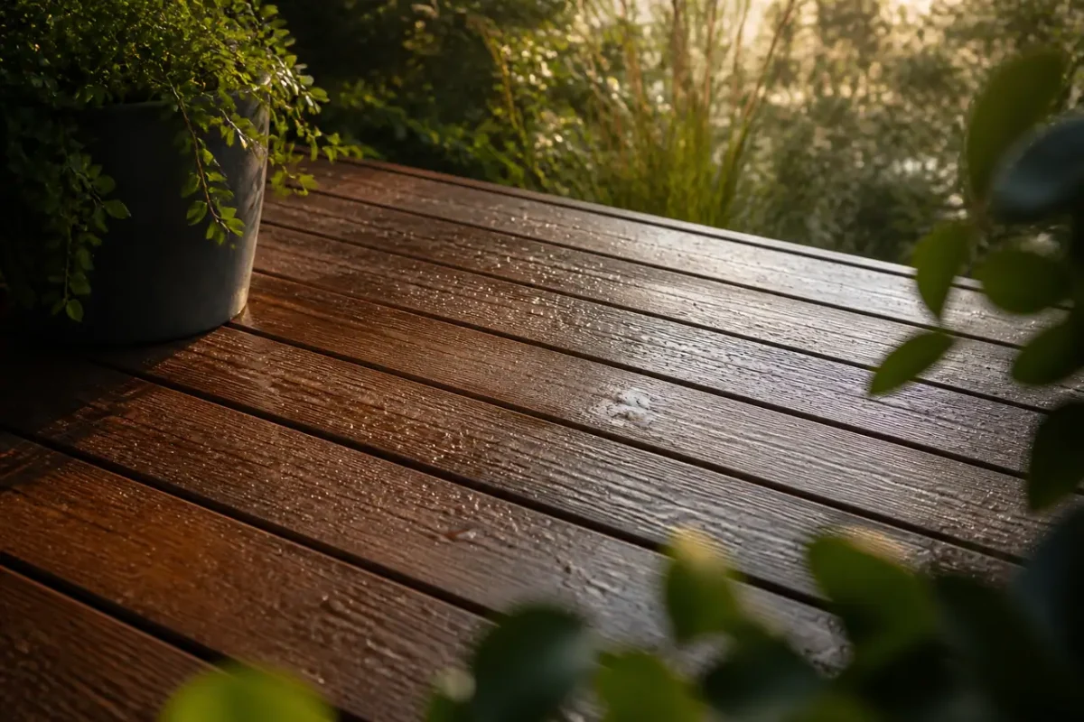 Terrasse en bois sec avec gouttes perlant en surface