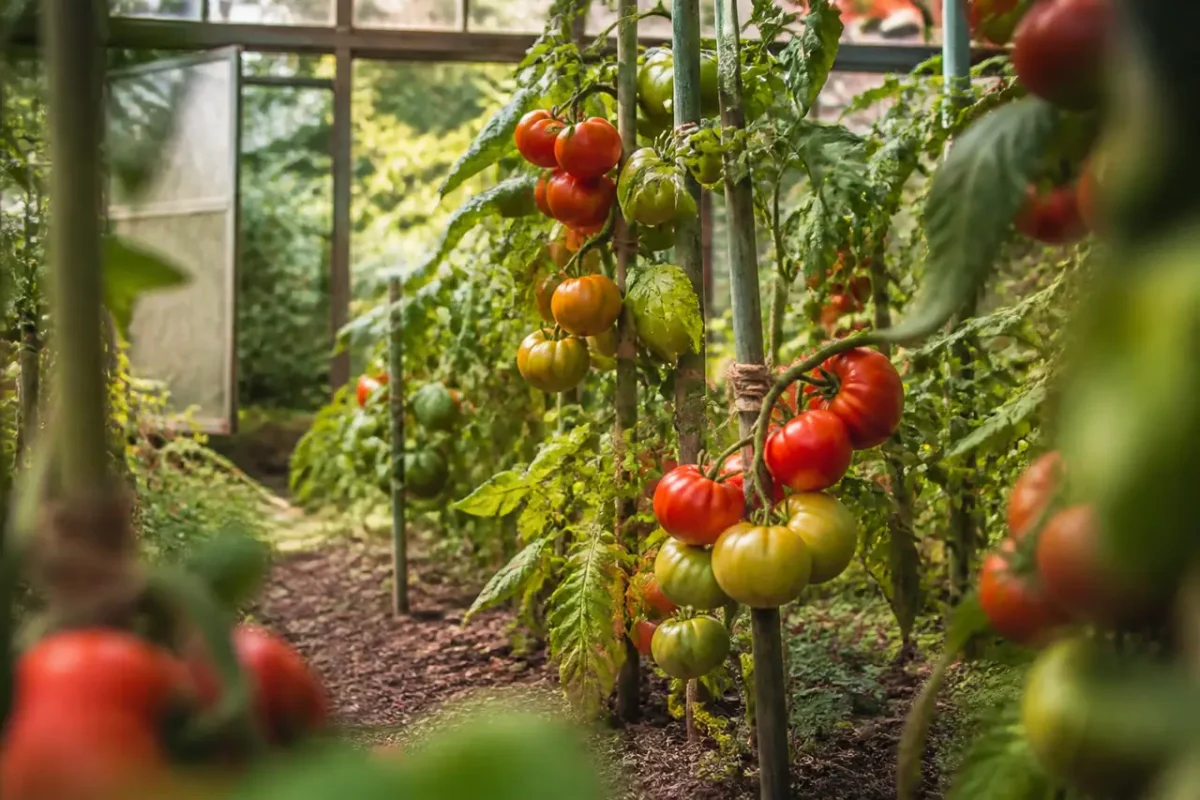 Tomates chargees de fruits attachees a des tuteurs
