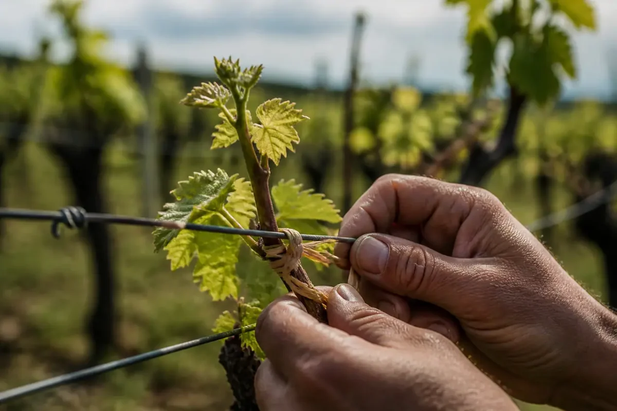 Treille de vigne attachee aux fils avec raphia beige