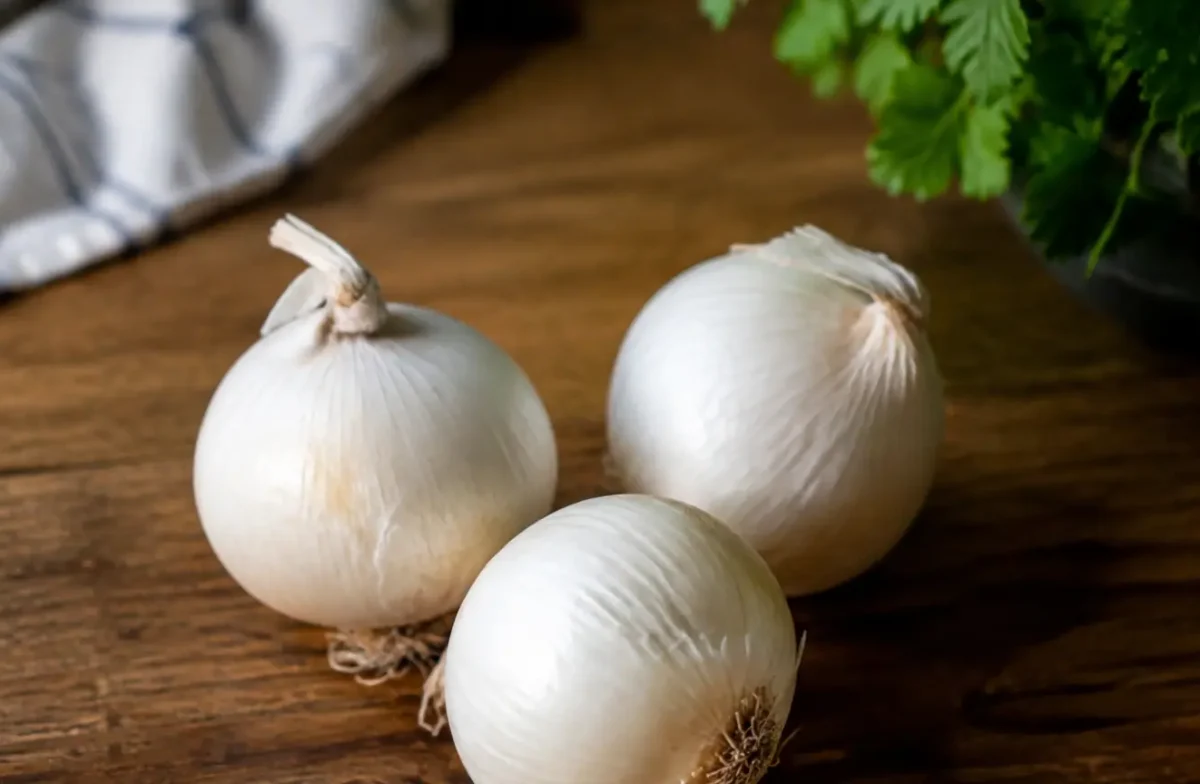 Trois oignons blancs poses sur table en bois