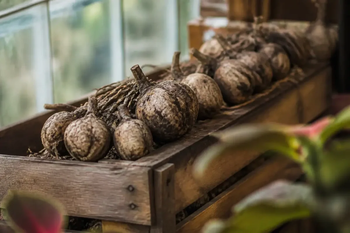 Tubercules de dahlias terreux alignes sur caisse en bois