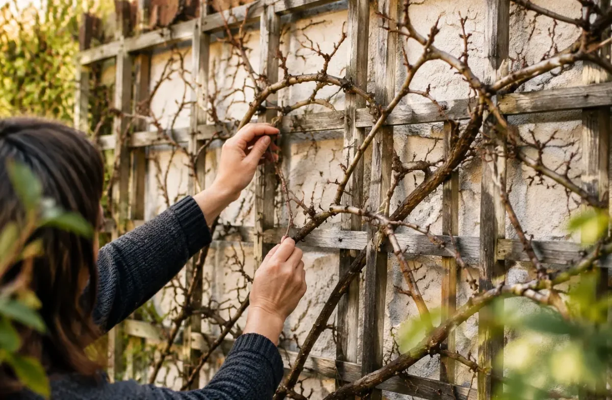 Vigne sans feuilles grimpant sur treillis en bois